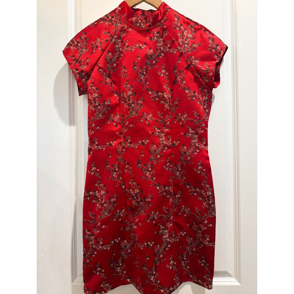 Vintage XOXO Red Floral Brocade Cheongsam Qipao Mini Dress Mandarin Collar Small